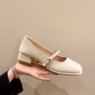 马丽珍鞋方头单女春新款森系百搭温柔仙女中跟粗跟少女法式玛