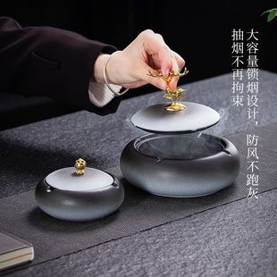 粗陶烟灰缸带盖大号创意办公室卧室客厅家用陶瓷防飞灰烟盒