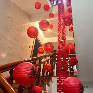 结婚礼农村自建房楼梯扶手喜字灯笼全套布置男女方新婚房氛围装饰