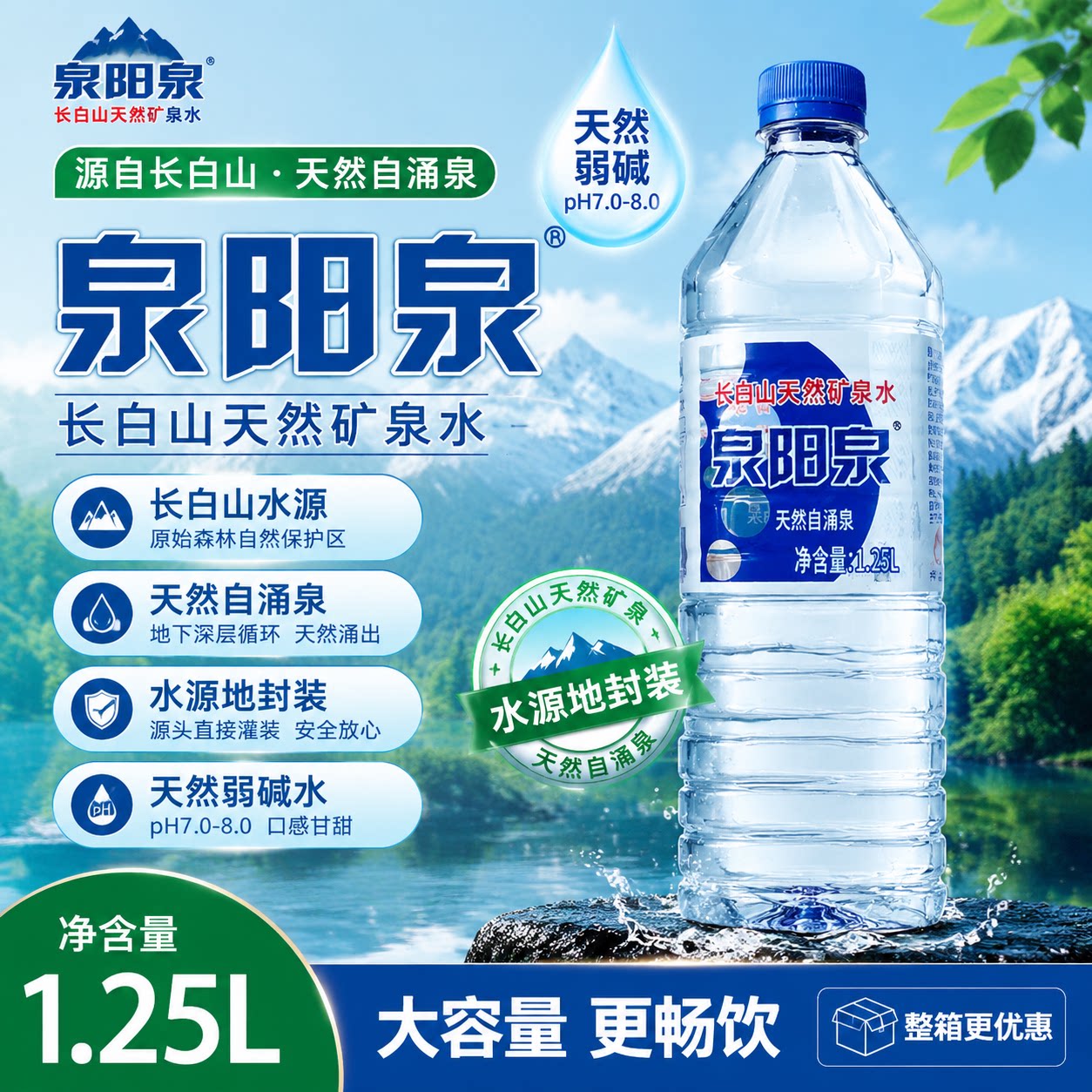 泉阳泉矿泉水1.25L*12瓶大瓶整箱