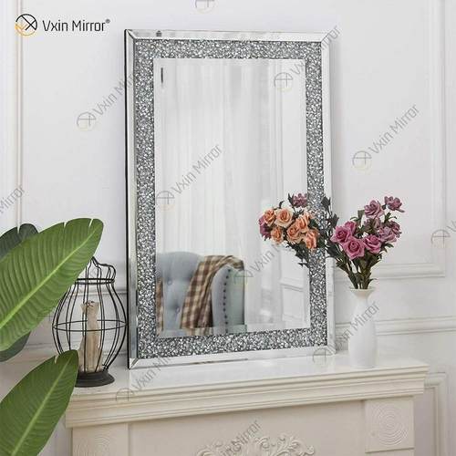 跨境挂墙壁挂式卫生间镜子装饰正方形墙镜轻奢碎钻工艺壁镜