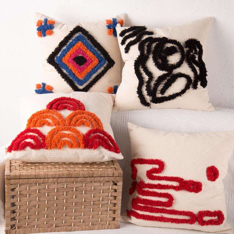 春夏新款棉帆布簇绒刺绣抱枕靠枕沙发软装搭配跨境厂家