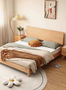 简约实木床榉木主卧单板床1.8m双人大板床1.5m可充电置物床头储物