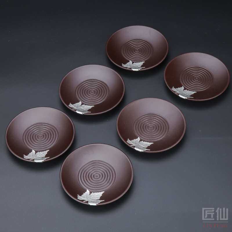 创意黑檀镶锡家用茶杯垫茶具配件隔热实木茶托功夫品茗垫六件套组