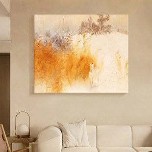 抽象肌理艺术手绘油画客厅装 饰画轻奢风麋鹿金色田野卧室床头挂画