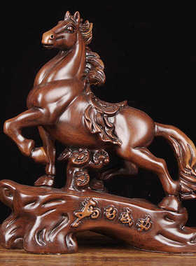 实木雕刻马到成功摆件家居客厅生肖马工艺品办公室书房乔迁装饰品