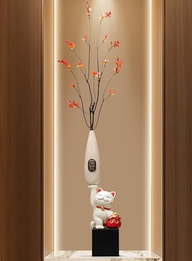 入户玄关细长竖高摆件招财猫插花瓶客厅壁龛高级艺术装饰品2025新