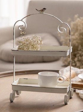 侘寂风白色铁艺收纳小托盘创意双层果盘美式做旧蛋糕盘民宿装饰