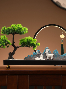 迎客松灯圈摆件高档禅意电视柜玄关办公室台面装饰品乔迁开业礼物