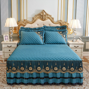 新款 单件夹棉加厚三件套纯棉公主蕾丝花边双人防滑床套 床罩床裙式