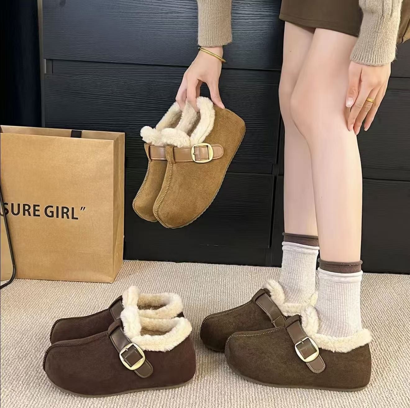 秋冬新款皮带扣毛绒保暖勃肯鞋