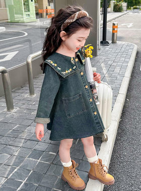 女童牛仔裙春秋款2024新款小女孩长袖连衣裙女宝宝韩版群子春装款