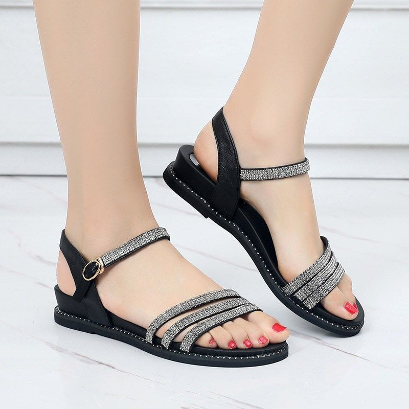 31 32 33小码真皮坡跟水钻凉鞋2025新款时尚百搭厚底一字带女士鞋,女鞋,时装凉鞋,淘宝优惠券,粉丝福利购,淘宝优惠卷