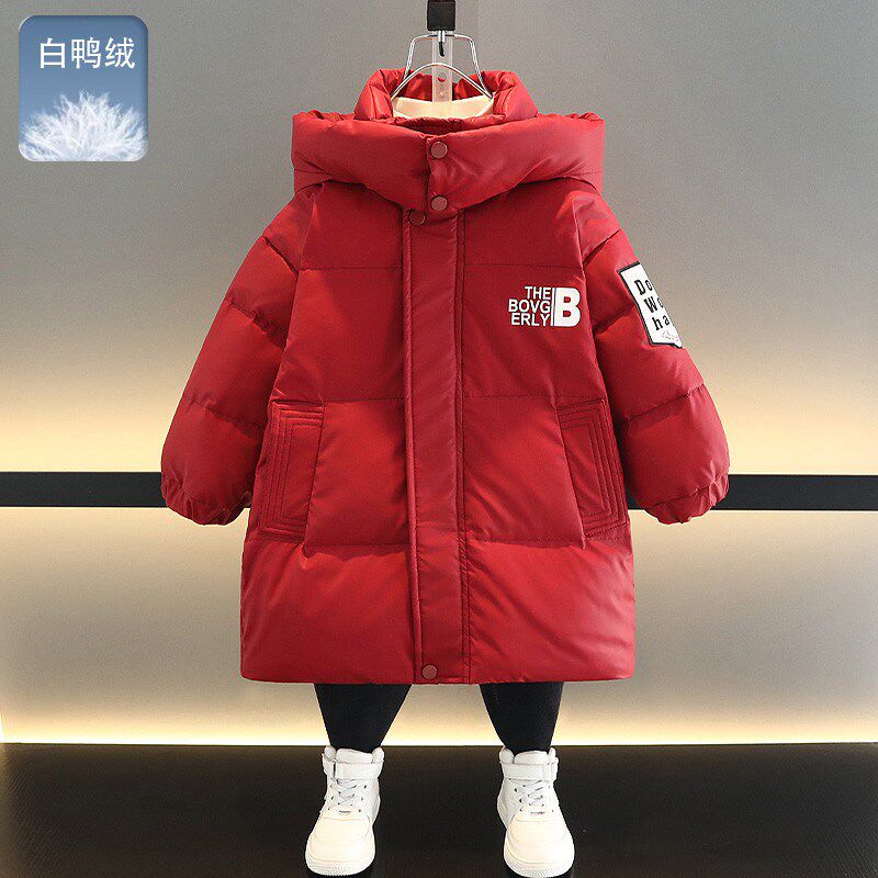 男童红色羽绒服中长款2024新款儿童冬装加厚外套保暖男孩棉服冬季