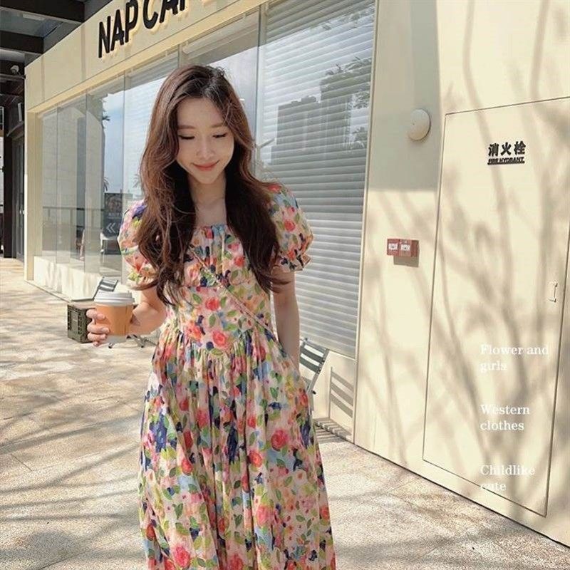 母女亲子装连衣裙高级感碎花夏季棉布连衣裙海边度假中长款公主裙