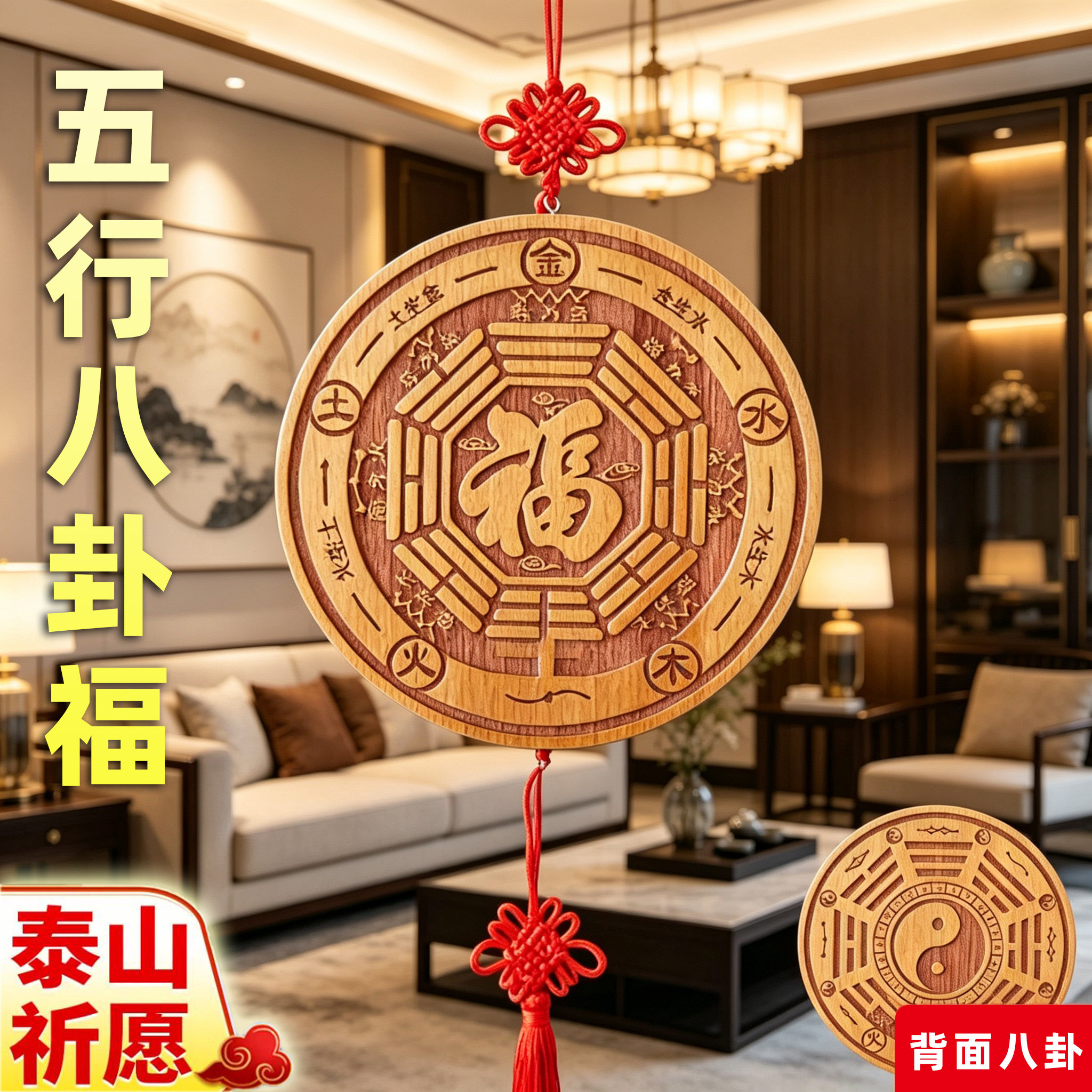 五行八卦福桃木挂件山东肥城五行太极八卦摆件天然桃木雕刻