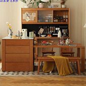 餐桌一体开放式 樱桃木居中岛台 实木岩板餐厅吧台 厨房茶水柜料理