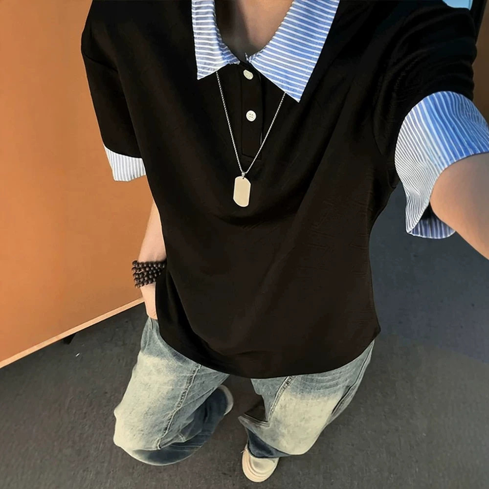 蓝色衬衫领条纹polo衫短袖男夏季cleanfit假两件正肩t恤痞帅半袖