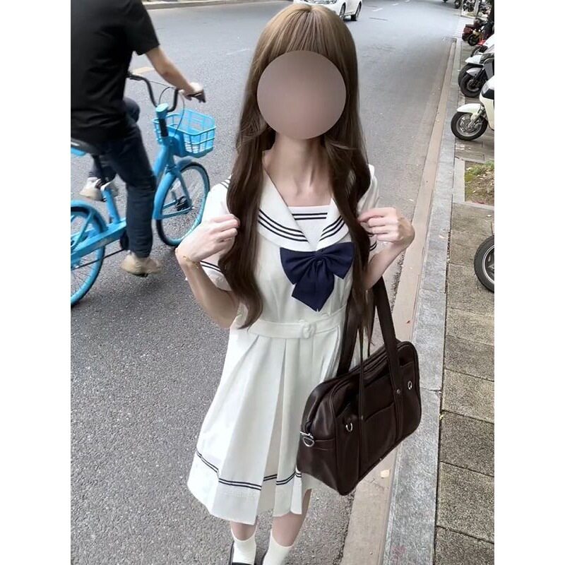 韩系减龄学院风海军领连衣裙女蝴蝶结收腰显瘦百褶小个子白色短裙