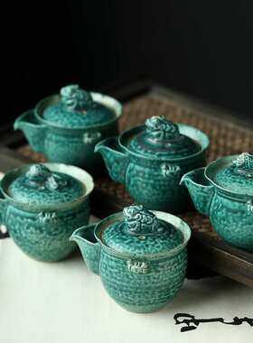 景德镇窑变苏打釉哑光绿釉开片金鱼金蟾盖碗易泡壶手抓壶盖杯茶具