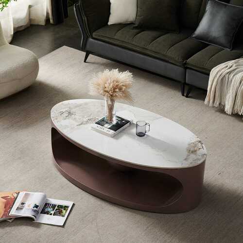 轻奢现代简约椭圆形岩板茶几电视柜小户型不锈钢高端客厅家用茶几