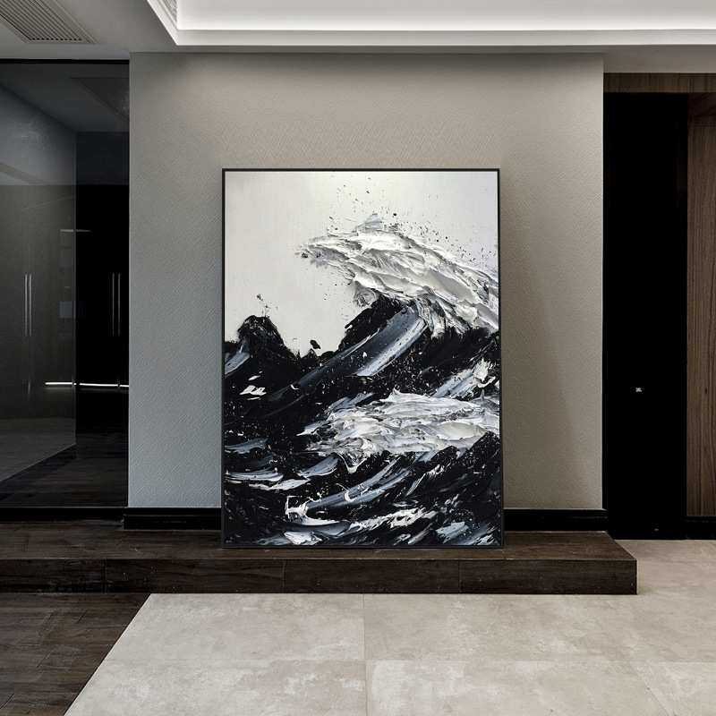 手绘肌理海浪壁画立体玄关入户客厅落地墙面装饰画高级黑白灰挂画