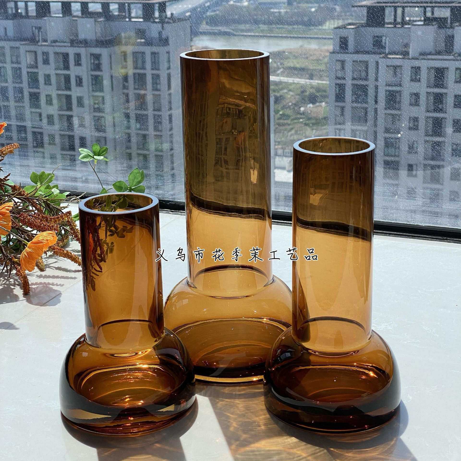 HJM-现代北欧琥珀色玻璃花瓶家居软装饰品酒店客厅电视柜餐桌插花