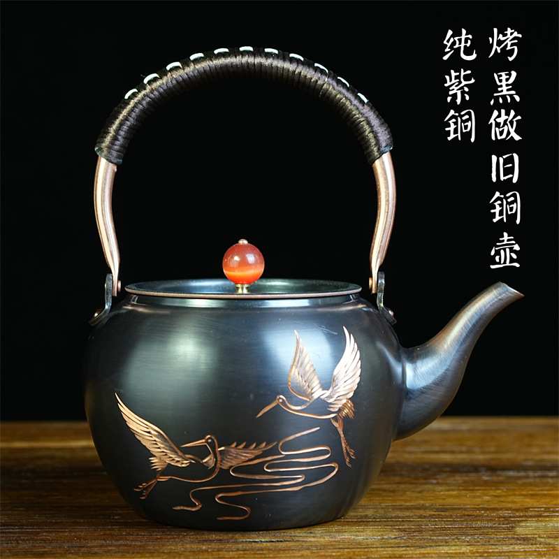 柴火灶长嘴铜水壶纯紫铜壶烧水餐饮壶家用复古手工紫铜铜茶壶提壶