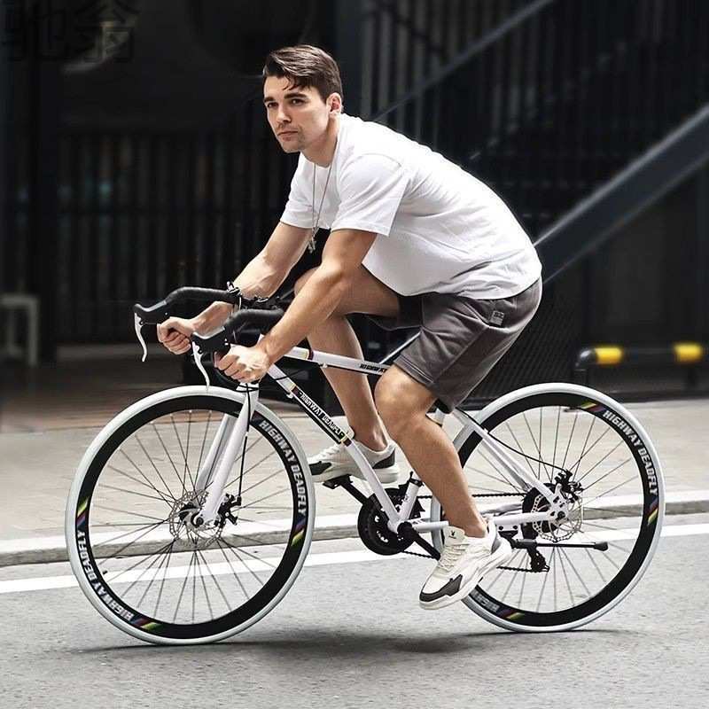 变速公路自行车弯把碟刹成年人死飞单车实心胎高颜值活飞赛车