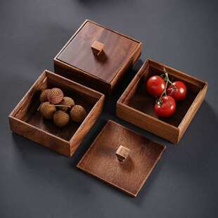 胡桃木日式果盘 多层带盖防潮木质收纳盒茶盒 客厅家用坚果茶点盘