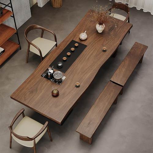 新中式实木茶桌全套原木大板一体嵌入式茶台简约办公室会客泡茶桌