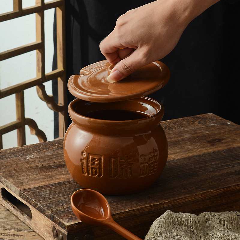 中式土陶猪油罐陶瓷勺子赠送垫盘家用厨房多功能调味罐大容量罐