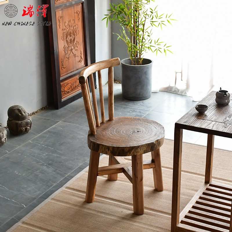 靠背椅子小实木家用茶室吧台椅阳台桌凳子网红复古香樟木单人休闲