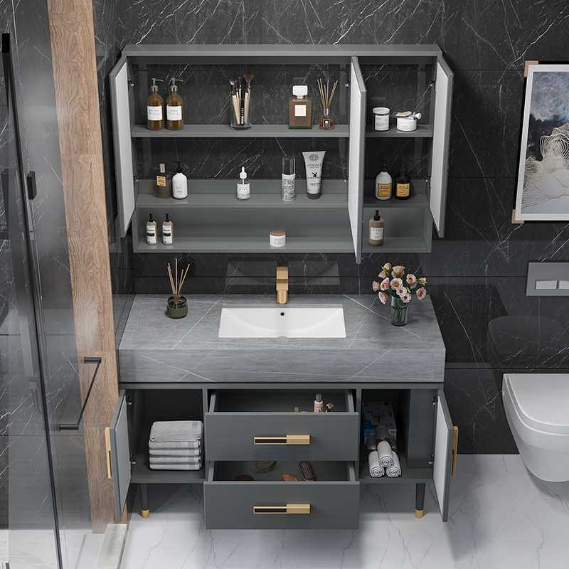 现代简约智能岩板一体无缝盆浴室柜组合落地式实木卫生间洗手台盆