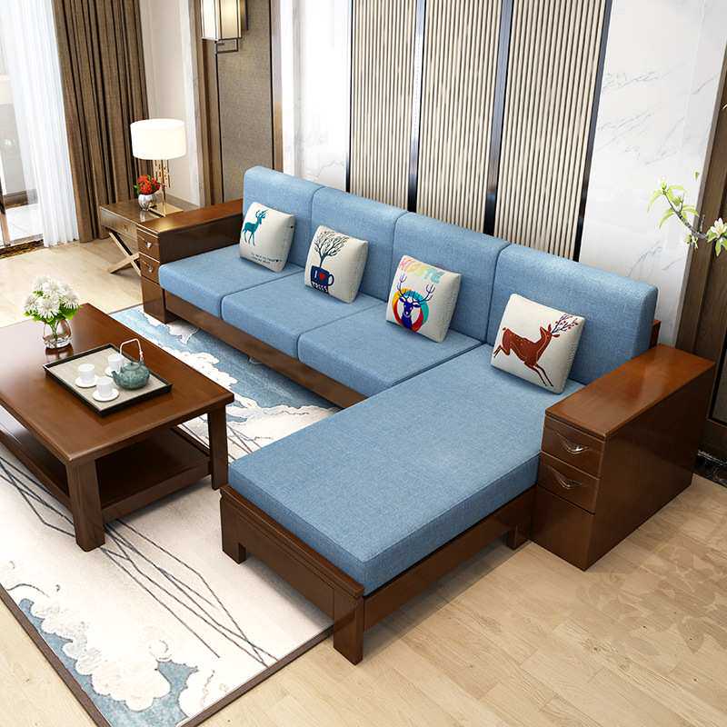 新中式实木沙发组合现代转角客厅整装贵妃木头沙发布艺小户型家具