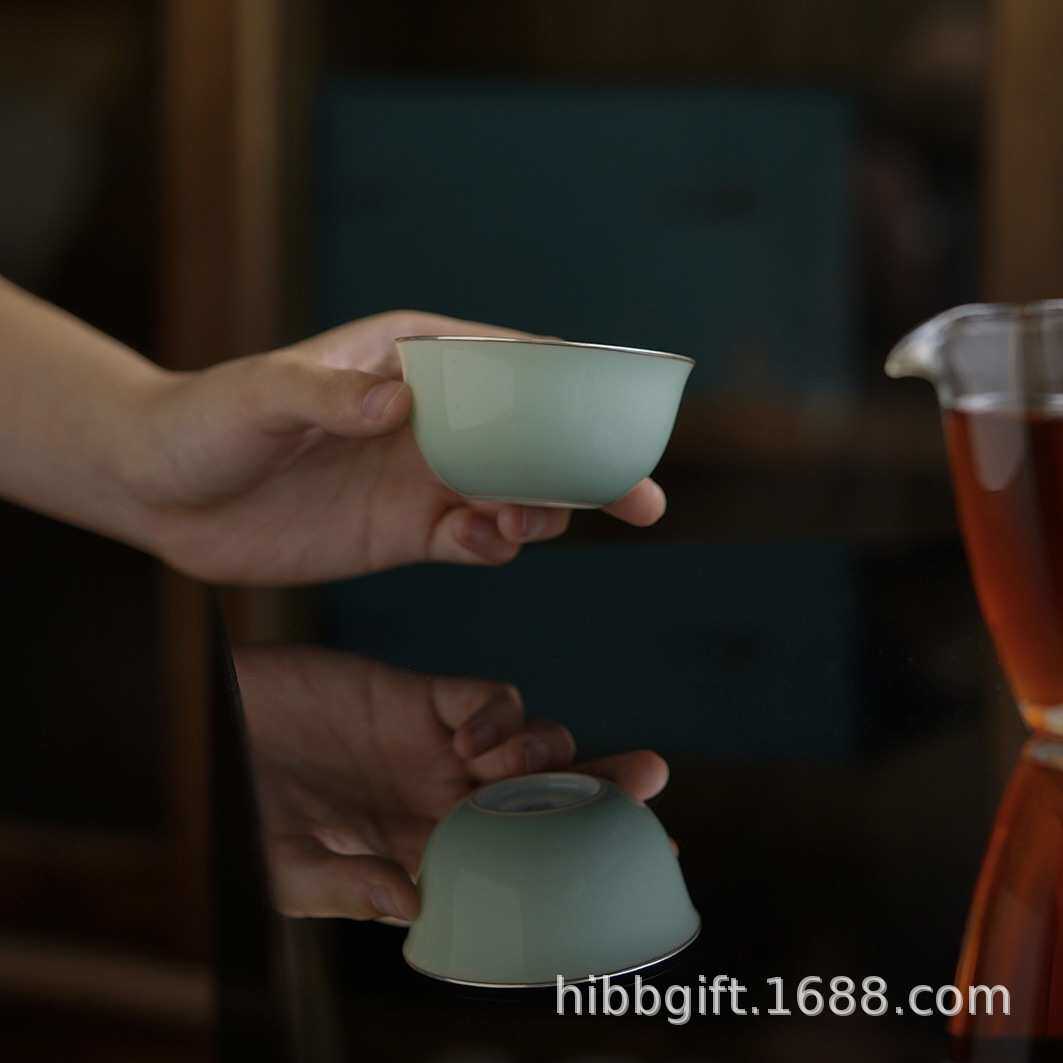 雲由山坊茶杯老豆青青花瓜果锔银口主人杯陶瓷品茗杯单杯一件代发
