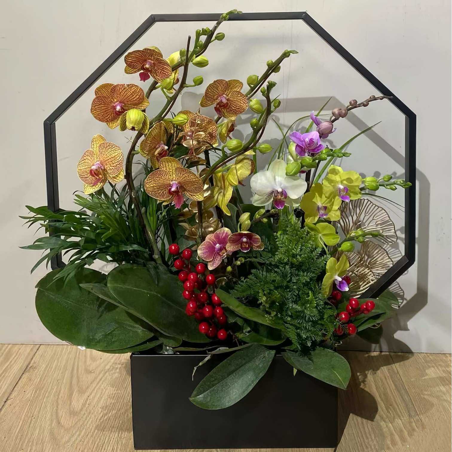 新中式蝴蝶兰花盆带灯带冬青年宵花插花器花篮金属客厅玄关摆件