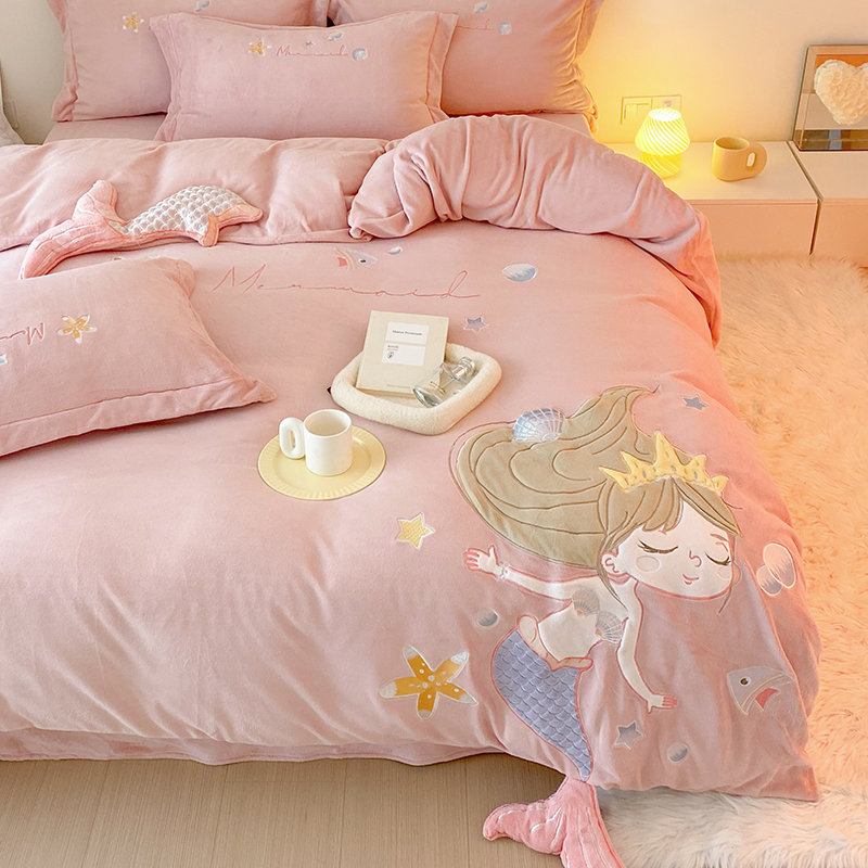 公主风儿童四件套女孩冬季加厚牛奶绒面三K件套美人鱼刺绣床上用