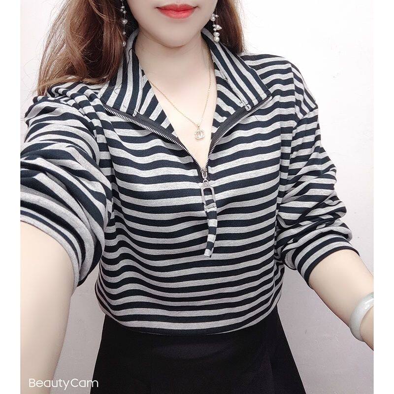 春秋新款2023欧货立领卫衣女宽松显瘦百搭条纹半拉链打底长袖t桖