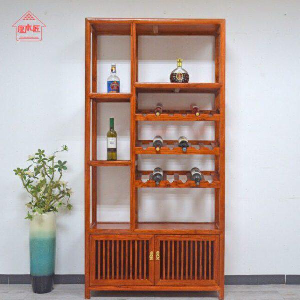 博古架红酒架庄酒客厅新中式禅意隔断置物架榆木货架酒柜实木包邮