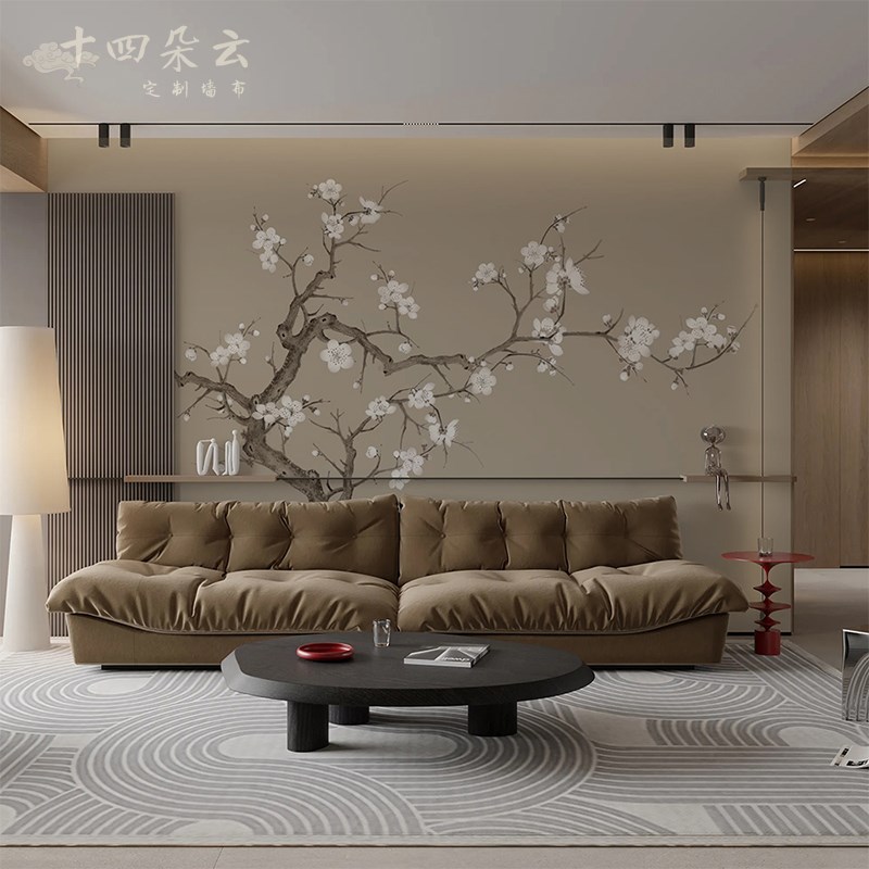 复古中式梅花素色k墙纸无缝墙布客厅壁画电视背景墙卧室无纺布壁