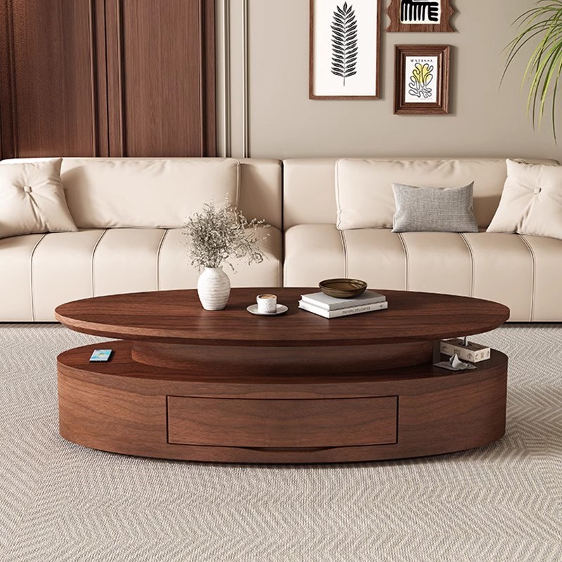 胡桃木椭圆形全h实木茶几意式现代简约客厅家用高级感小户型茶几