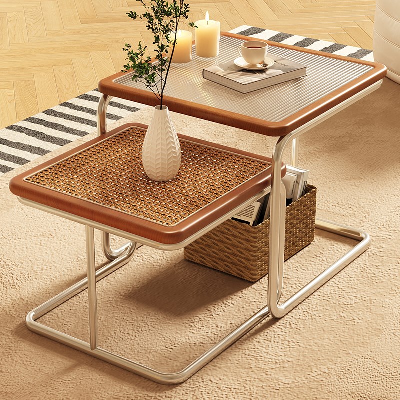 茶几客厅家用简约实木茶桌小户型中古沙发边几藤编X玻璃复古茶桌