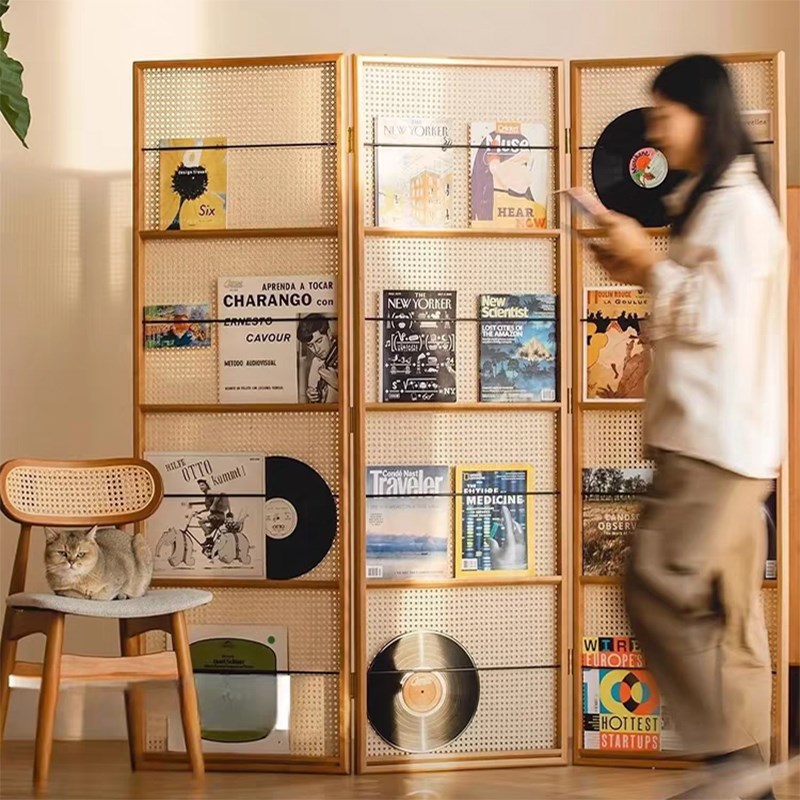 中复古实木藤编折叠屏风客厅玄关入户正对门N卧室法式隔断置物书