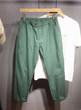 毒类 春秋季时尚绿色休闲裤男士立体剪裁小直筒舒适松紧腰九分裤
