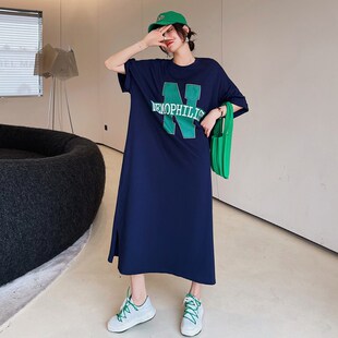 加肥加大码女装胖mm夏装短袖中长款过膝T恤裙女短袖裙懒人长裙子