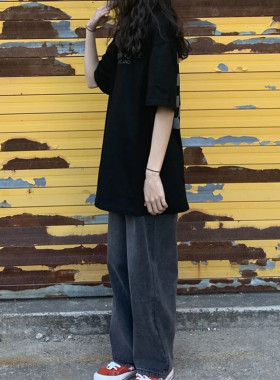 高腰牛仔裤女夏季直筒宽松小个子学生韩版复古百搭显瘦老爹阔腿裤