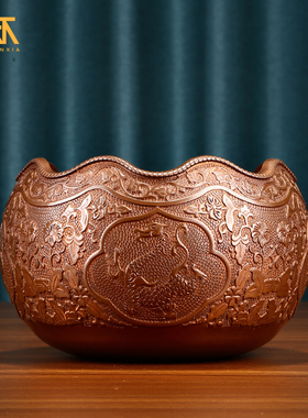 紫铜聚宝盆摆件荷叶鉢四神兽花纹入户玄关装饰品办公桌收纳储物罐