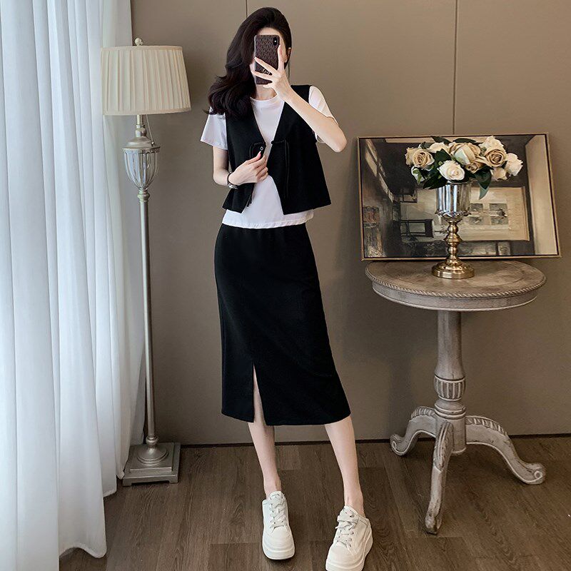 夏季穿搭一整套高级感休闲套装新中式国风马甲T恤半身裙子三件套