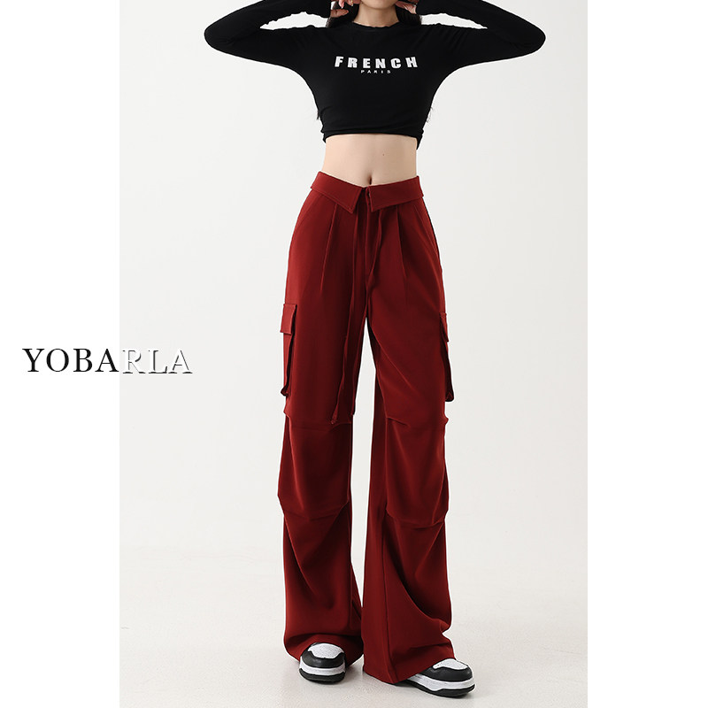 红色休闲阔腿工装裤女秋冬大尺码胖mm高腰宽松显瘦梨形身材直筒裤